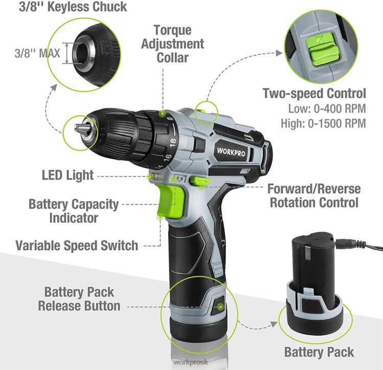 WORKPRO61 ks 12V akumulátorovej vŕtačky a súpravy domáceho náradia, vrátane 14-palcového úložného vrecka B2HZ174 nástroj