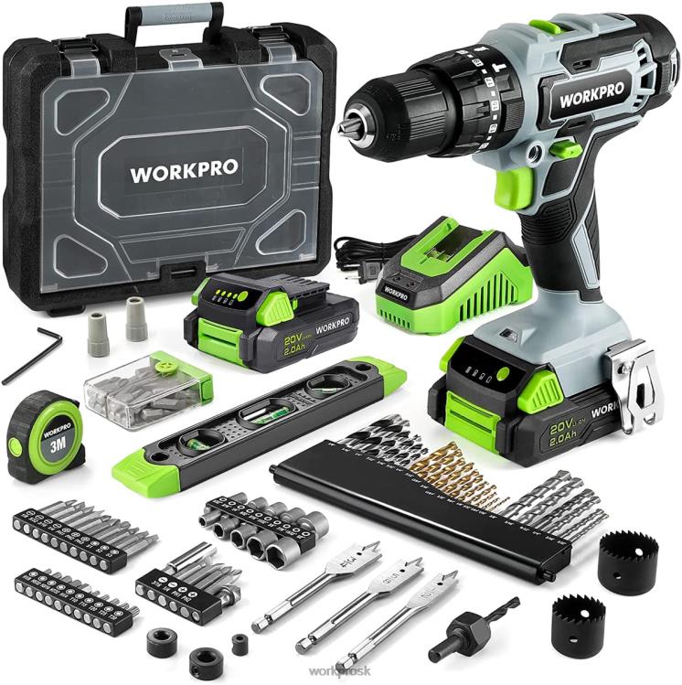 WORKPROSúprava akumulátorového skrutkovača 20 V max, elektrická príklepová vŕtačka so 102 kusmi príslušenstva, 2 x 2,0ah lítium-iónové batérie s rýchlonabíjačkou B2HZ170 nástroj