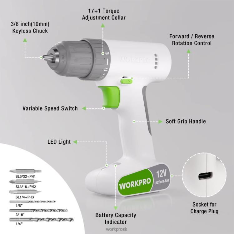 WORKPROSúprava akumulátorového vŕtacieho skrutkovača 12 V so 6 bitmi, rýchloupínacie skľučovadlo 3/8 palcov, variabilné otáčky, nastavenie 18 touque B2HZ175 nástroj