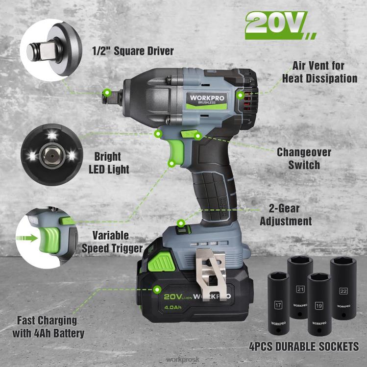 WORKPRO20V akumulátorový rázový uťahovák s batériou 4,0 Ah, rýchlonabíjačkou, 4 rázovými zásuvkami a úložným puzdrom B2HZ188 nástroj