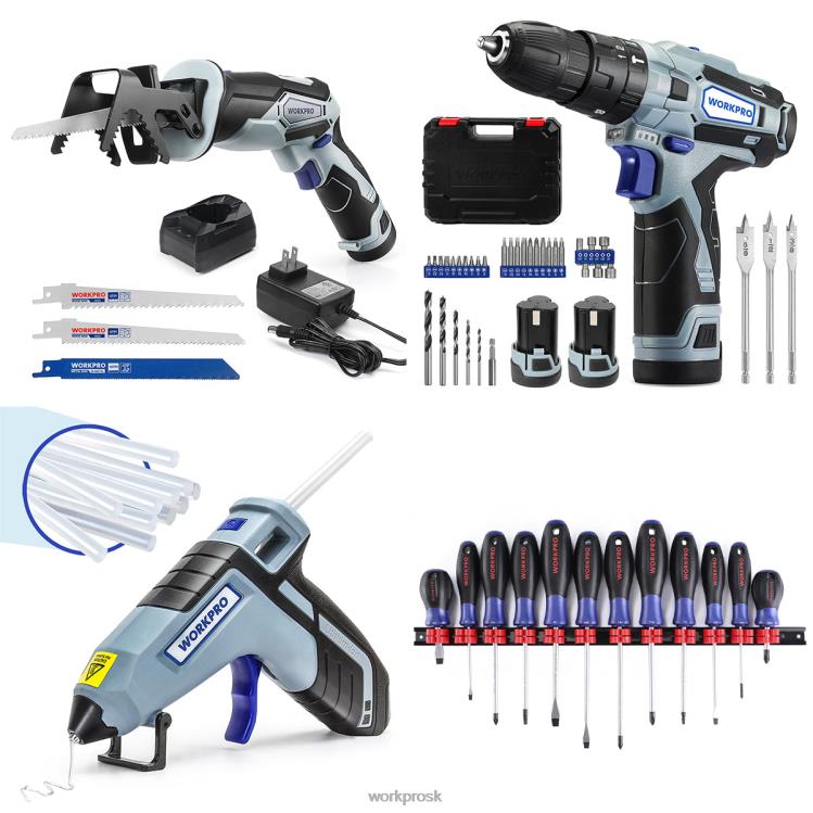 WORKPRO12V akumulátorová priamočiara píla a 12V súprava akumulátorového vŕtacieho skrutkovača a 12 kusov magnetických skrutkovačov a akumulátorová horúca lepiaca pištoľ B2HZ321 nástroj