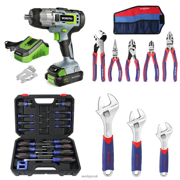WORKPRO20V akumulátorový rázový uťahovák & 5 ks klieští & 16 ks sada magnetických skrutkovačov & 3 ks sada nastaviteľných kľúčov B2HZ319 nástroj