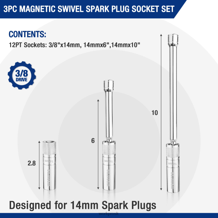 WORKPRO3 ks-14 mm tenká nástenná zásuvka so 6- a 10-palcovými predlžovacími nástavcami, súprava magnetických otočných nástenných sviečok B2HZ143 nástroj
