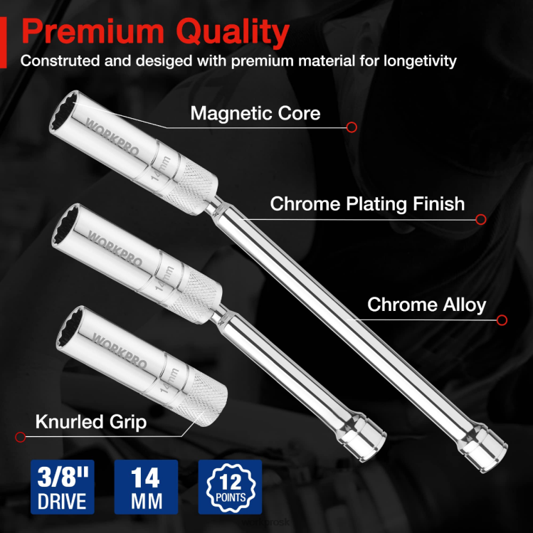 WORKPRO3 ks-14 mm tenká nástenná zásuvka so 6- a 10-palcovými predlžovacími nástavcami, súprava magnetických otočných nástenných sviečok B2HZ143 nástroj