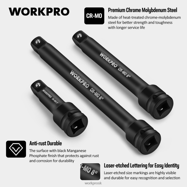 WORKPRO3 kusy-3, 6, 8 palcové 1/2-palcové nástrčkové súpravy nárazových predlžovacích tyčí B2HZ202 nástroj