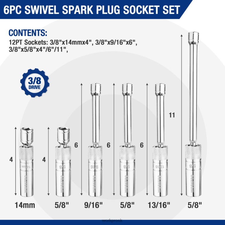 WORKPRO6 ks-9/16-palcové, 5/8-palcové, 13/16-palcové, 14 mm tenké nástenné zásuvky s 4, 6, 11-palcovými predlžovacími nástavcami súprava magnetických otočných nástenných sviečok B2HZ139 nástroj
