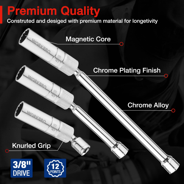 WORKPRO6 ks-9/16-palcové, 5/8-palcové, 13/16-palcové, 14 mm tenké nástenné zásuvky s 4, 6, 11-palcovými predlžovacími nástavcami súprava magnetických otočných nástenných sviečok B2HZ139 nástroj