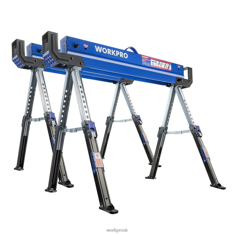 WORKPRO2 ks skladací pílový koník nastaviteľný pre ťažký výkon s 2x4 opornými ramenami, nosnosť 3000 libier, 24-32 palcové výškovo nastaviteľné nohy, otočné nohy a podporné kolíky B2HZ35 skladovanie