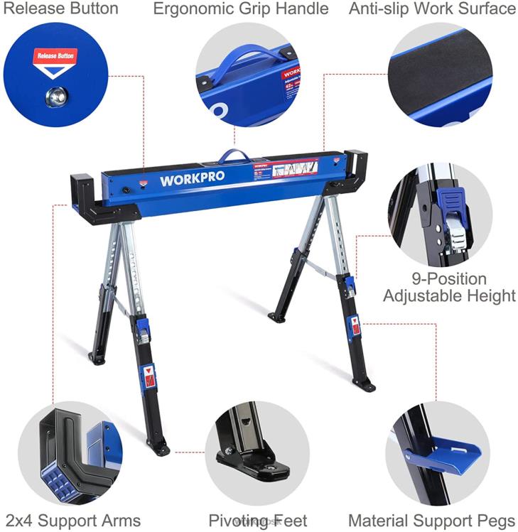 WORKPRO2 ks skladací pílový koník nastaviteľný pre ťažký výkon s 2x4 opornými ramenami, nosnosť 3000 libier, 24-32 palcové výškovo nastaviteľné nohy, otočné nohy a podporné kolíky B2HZ35 skladovanie