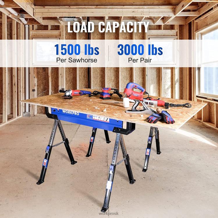 WORKPRO2 ks skladací pílový koník nastaviteľný pre ťažký výkon s 2x4 opornými ramenami, nosnosť 3000 libier, 24-32 palcové výškovo nastaviteľné nohy, otočné nohy a podporné kolíky B2HZ35 skladovanie