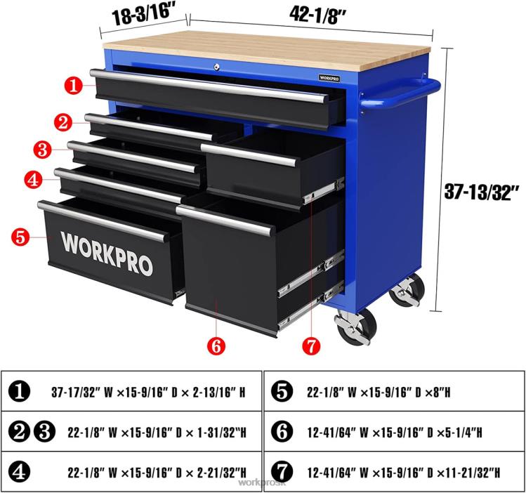 WORKPRO42-palcová 7-zásuvková rolovacia truhlica na náradie s drevenou doskou, vybavená kolieskami, rukoväťou, vložkou zásuvky a uzamykacím systémom, nosnosť 1000 libier B2HZ26 skladovanie