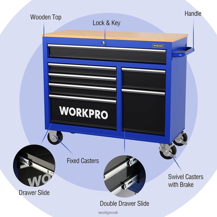 WORKPRO42-palcová 7-zásuvková rolovacia truhlica na náradie s drevenou doskou, vybavená kolieskami, rukoväťou, vložkou zásuvky a uzamykacím systémom, nosnosť 1000 libier B2HZ26 skladovanie