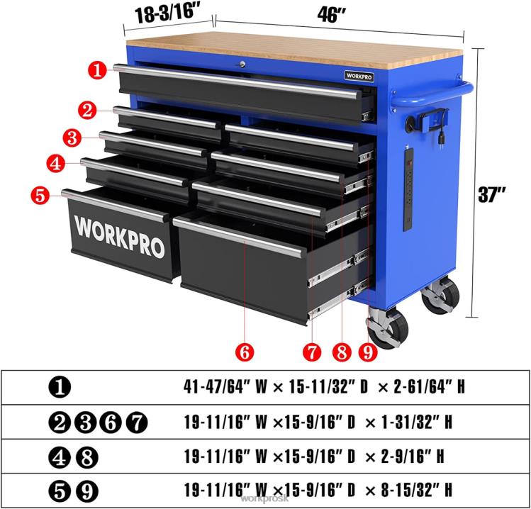 WORKPRO46-palcová 9-zásuvková rolovacia truhlica na náradie s drevenou doskou, vybavená kolieskami, rukoväťou, vložkou zásuvky a uzamykacím systémom, nosnosť 1200 libier B2HZ15 skladovanie