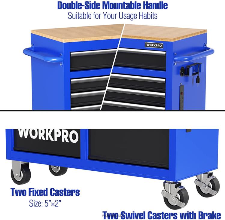 WORKPRO46-palcová 9-zásuvková rolovacia truhlica na náradie s drevenou doskou, vybavená kolieskami, rukoväťou, vložkou zásuvky a uzamykacím systémom, nosnosť 1200 libier B2HZ15 skladovanie