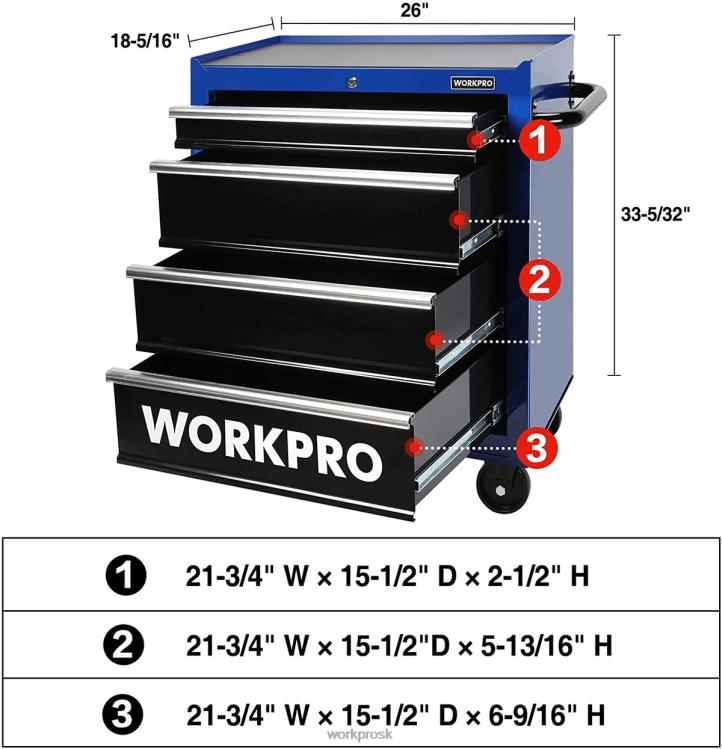 WORKPROKomoda na náradie so 4 zásuvkami, 26-palcová rolovacia kovová skriňa na uloženie náradia s kolieskami, uzamykací systém, vložka do zásuvky, nosnosť 450 libier B2HZ17 skladovanie
