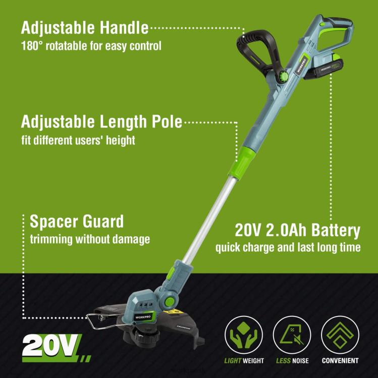 WORKPRO20V akumulátorový strunový zastrihávač/okrajovač 12-palcový s 2ah lítium-iónovou batériou 1-hodinová rýchlonabíjačka Vrátane 16,4ft zastrihávača B2HZ293 nástroj