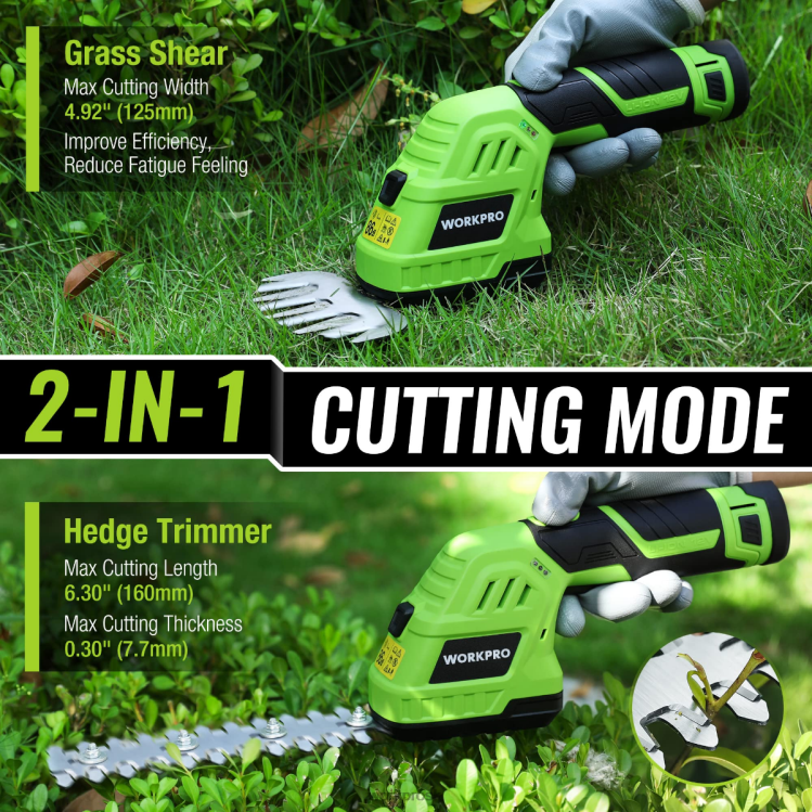 WORKPRO2v1 12V elektrické akumulátorové nožnice na živý plot na trávu a ručné nožnice na kríky, s 2,0ah nabíjateľnou lítium-iónovou batériou a 1-hodinovou rýchlonabíjačkou B2HZ301 nástroj