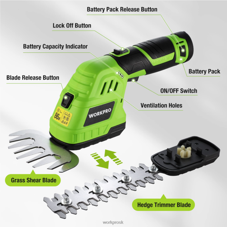 WORKPRO2v1 12V elektrické akumulátorové nožnice na živý plot na trávu a ručné nožnice na kríky, s 2,0ah nabíjateľnou lítium-iónovou batériou a 1-hodinovou rýchlonabíjačkou B2HZ301 nástroj