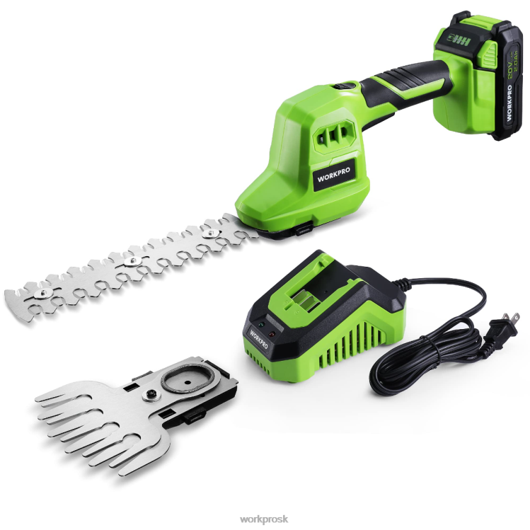 WORKPRO2v1 20V elektrické akumulátorové nožnice na živý plot na trávu a ručný zastrihávač kríkov s 2,0ah nabíjateľnou lítium-iónovou batériou a 1 hodinovou rýchlonabíjačkou B2HZ302 nástroj